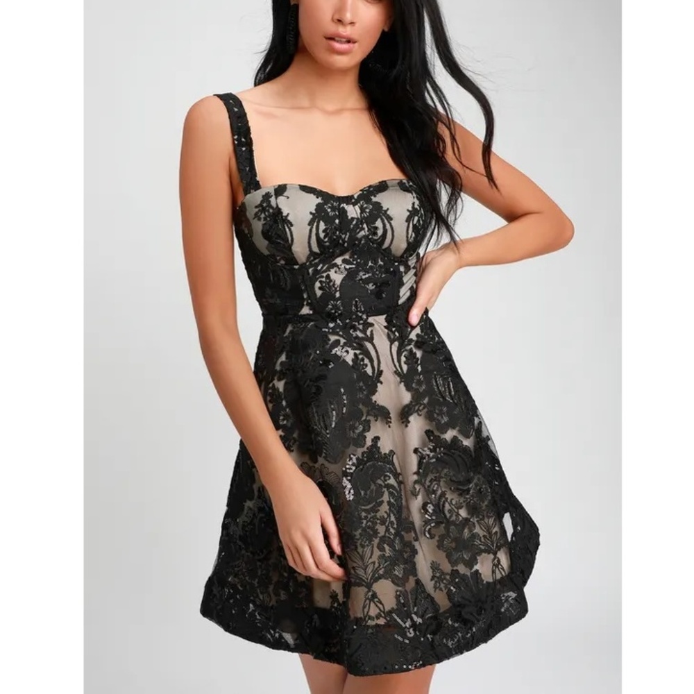 Black Lulu's Sequin Embroidered Skater Dress NWT